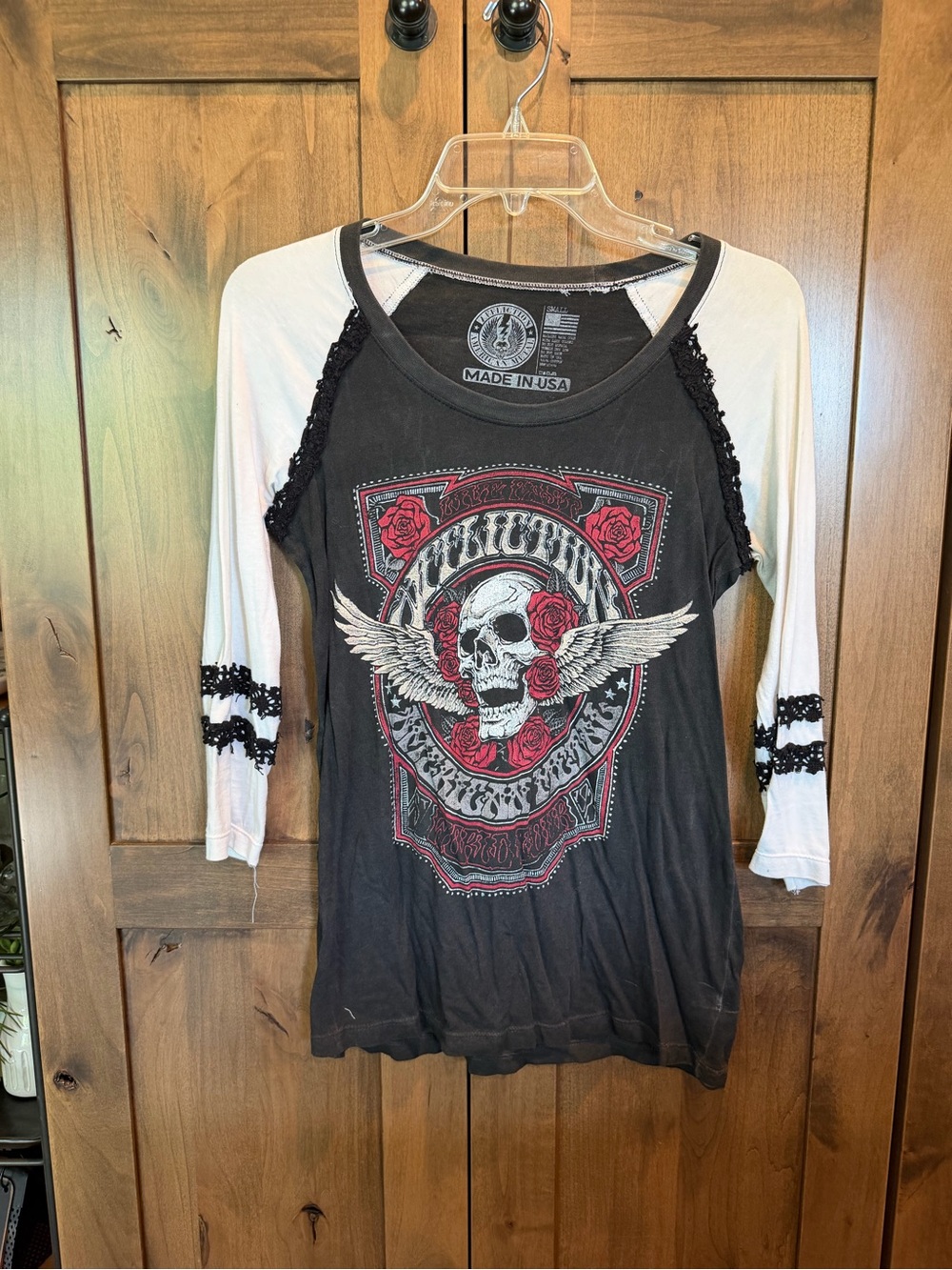 Affliction Black Graphic Tee with Red Rose Accents